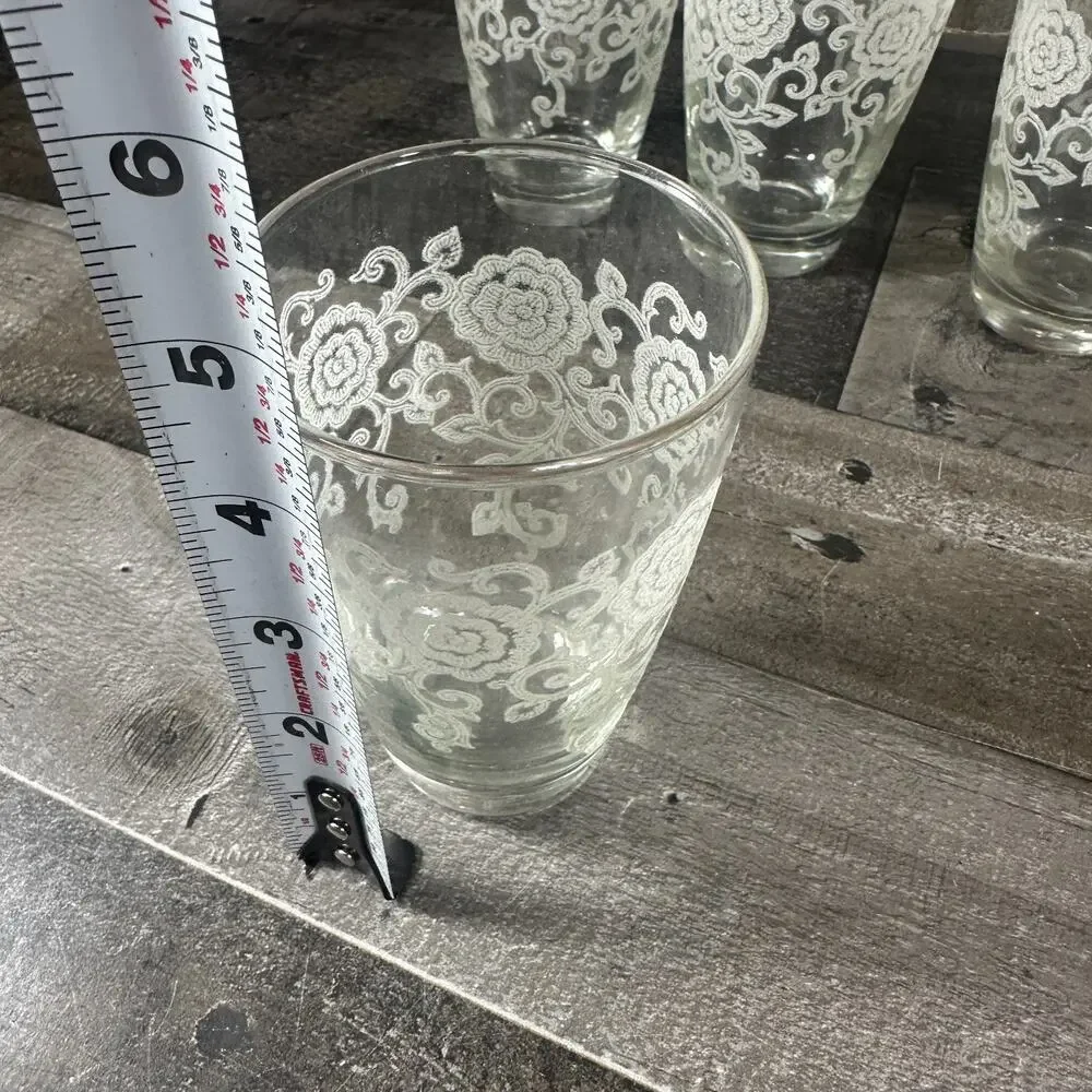 Set of‎ 8 MCM LACE Highball Glasses White Stenciled Floral Lace Gold Trim